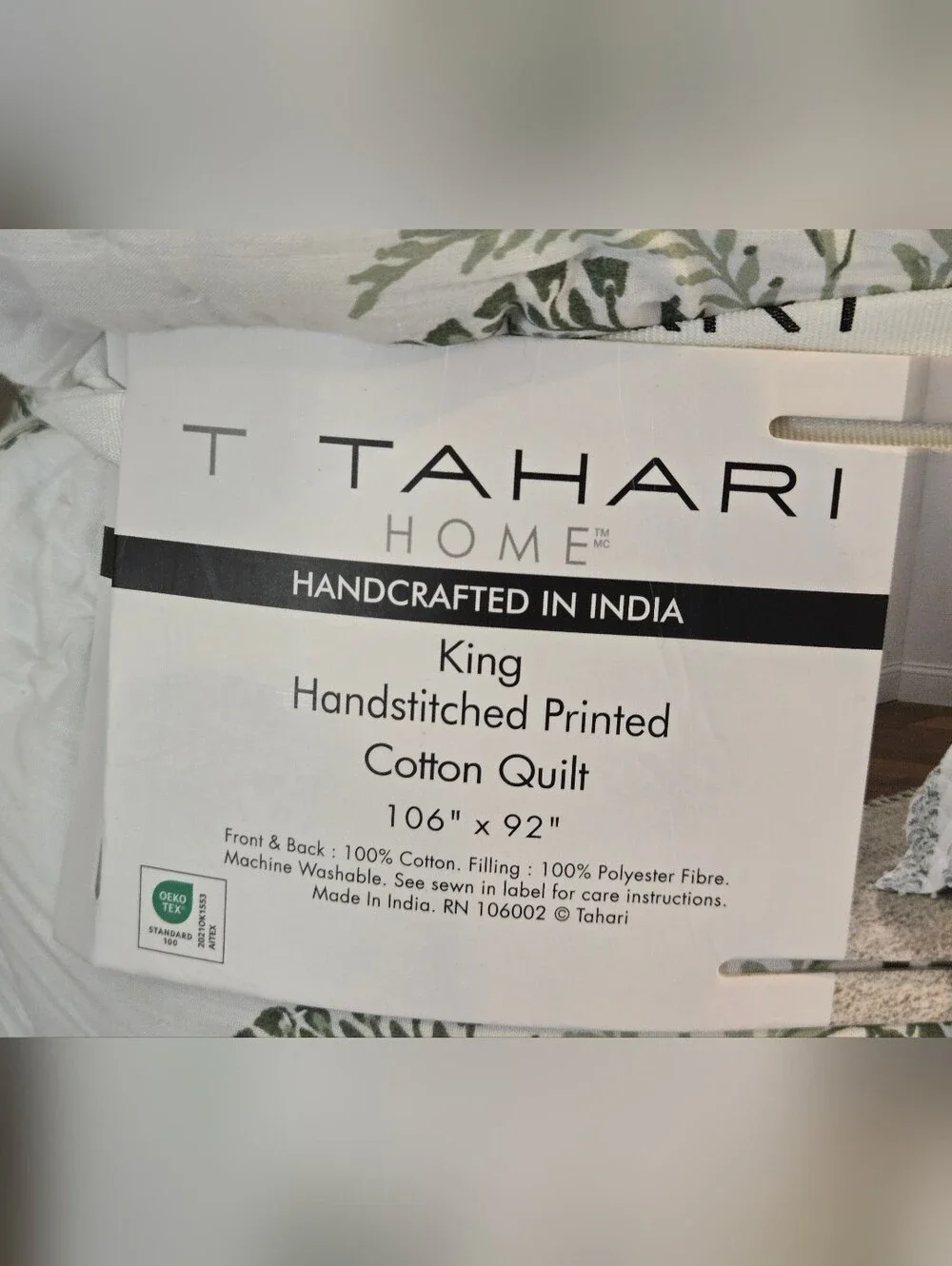 Tahari Handstitched Printed Cotton Quilt King Green White